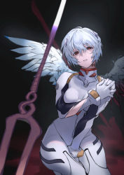 Rule 34 | 1girl, angel wings, ayanami rei, between legs, bident, black background, blue hair, bodysuit, commentary, cowboy shot, empty eyes, feathered wings, hairpods, hand between legs, hand on own chest, head tilt, highres, hiro (hirohiro gorira), interface headset, lance of longinus (evangelion), looking at viewer, neon genesis evangelion, parted lips, plugsuit, polearm, scar, scar on neck, short hair, simple background, solo, torn bodysuit, torn clothes, white bodysuit, white wings, wings