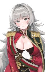 Rule 34 | 1girl, absurdres, aiguillette, azur lane, bilei, black dress, blunt bangs, blush, braid, breasts, cape, chinese commentary, cleavage, closed mouth, clothes pull, commentary, dress, dress pull, epaulettes, gloves, green cape, grey eyes, grey hair, hair intakes, head tilt, highres, jacket, large breasts, long hair, long sleeves, looking at viewer, red jacket, side braids, sidelocks, simple background, smile, solo, standing, upper body, very long hair, vittorio veneto (azur lane), wavy mouth, white background, white gloves