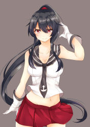 Rule 34 | 1girl, bare arms, bare shoulders, black hair, black neckwear, black sailor collar, blush, breasts, closed mouth, collarbone, commentary request, cowboy shot, eyes visible through hair, gloves, grey background, groin, hair between eyes, hair ornament, hair scrunchie, hand up, high ponytail, highres, impossible clothes, impossible shirt, izumo ayuka, kantai collection, large breasts, legs apart, long hair, looking at viewer, miniskirt, navel, parted bangs, pleated skirt, ponytail, red eyes, red scrunchie, red skirt, sailor collar, school uniform, scrunchie, serafuku, shirt, sidelocks, simple background, skirt, sleeveless, sleeveless shirt, smile, solo, standing, very long hair, white gloves, white shirt, yahagi (kancolle)