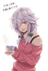 Rule 34 | 1girl, bare shoulders, blue eyes, bow, breasts, collarbone, commentary request, cup, green bow, hair bow, hair over one eye, head tilt, holding, holding cup, izayoi sakuya, looking at viewer, medium breasts, mug, off-shoulder, off-shoulder sweater, off shoulder, open mouth, pink sweater, re (re 09), short hair, sidelocks, silver hair, simple background, smile, solo, sweater, touhou, translation request, upper body, white background