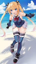 Rule 34 | 1girl, absurdres, beach, black ribbon, blonde hair, blue eyes, blue one-piece swimsuit, blue sky, blue thighhighs, boots, breasts, cloud, cloudy sky, commentary, day, dead or alive, dead or alive 5, elbow gloves, frilled one-piece swimsuit, frilled swimsuit, frilled thighhighs, frills, full body, gloves, hair between eyes, hair ornament, hair ribbon, highleg, highleg swimsuit, highres, latex, latex leotard, leotard, long hair, marie rose, nontraditional school swimsuit, one-piece swimsuit, ribbon, sand, school swimsuit, shadow, sky, small breasts, smile, solo, swimsuit, thighhighs, tree, twintails, water, x hair ornament, yanagi marie