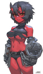 Rule 34 | 1girl, armor, belt, black belt, black hair, black shorts, breasts, colored skin, commentary, cowboy shot, english commentary, gauntlets, hair between eyes, horns, kidouko (zakusi), large breasts, looking at viewer, medium hair, micro shorts, navel, oni, oni horns, original, parted lips, red oni, red skin, shield, shorts, signature, simple background, solo, standing, torn clothes, underboob, white background, yellow eyes, zakusi