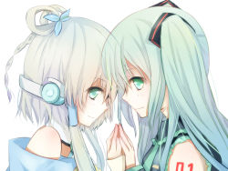 Rule 34 | 2girls, benghuai 7, face-to-face, forehead-to-forehead, hatsune miku, headphones, heads together, highres, luo tianyi, multiple girls, short hair with long locks, simple background, vocaloid, white background