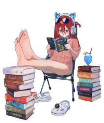 Rule 34 | 1girl, bare legs, barefoot, blue eyes, book, chair, clogs, closed mouth, commentary request, drinking straw, eyewear on head, feet, feet up, food, fruit, glass, hair between eyes, headphones, highres, hipa (some1else45), holding, holding book, lime (fruit), lime slice, long hair, looking at viewer, original, pink shirt, red hair, shirt, sitting, soles, solo, some1else45, sunglasses, toes, white background