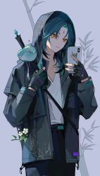 Rule 34 | 1boy, animal, animal on shoulder, bird, black gloves, black hoodie, black pants, casual, cellphone, closed mouth, commentary request, contemporary, facial mark, feet out of frame, fingerless gloves, flower, flower in pocket, forehead mark, genshin impact, gloves, grey background, highres, holding, holding phone, hood, hood up, hoodie, long hair, long sleeves, male focus, open clothes, open hoodie, orange eyes, pants, parted bangs, phone, qingxin gua yu, selfie, shirt, smartphone, solo, weapon, weapon on back, white flower, white shirt, xiao (genshin impact)