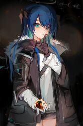 Rule 34 | 1girl, absurdres, aqua eyes, aqua hair, arknights, asymmetrical gloves, black coat, black gloves, black shorts, blue hair, blush, box, closed mouth, coat, cowboy shot, detached wings, energy wings, finger to mouth, fur-trimmed coat, fur trim, gift, gift box, gloves, halo, highres, holding, holding gift, horns, index finger raised, long hair, long sleeves, looking at viewer, mismatched gloves, mostima (arknights), multicolored hair, nana (nuxiashenshen), open clothes, open coat, shirt, short shorts, shorts, shushing, signature, smile, solo, two-tone hair, white gloves, white shirt, wings