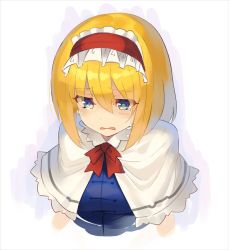 Rule 34 | 1girl, alice margatroid, blonde hair, blue dress, blue eyes, blush, breasts, capelet, commentary request, cropped torso, crying, crying with eyes open, dress, falken (yutozin), frilled hairband, frills, hair between eyes, hairband, lolita hairband, medium breasts, neck ribbon, one-hour drawing challenge, parted lips, red hairband, red ribbon, ribbon, short hair, simple background, solo, tears, touhou, upper body, white background, white capelet