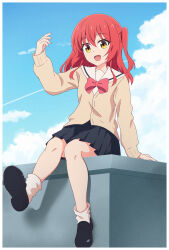 Rule 34 | 1girl, :d, arm up, black footwear, black skirt, blue sky, blush, bocchi the rock!, bow, brown cardigan, cardigan, cloud, commentary request, contrail, day, hair between eyes, highres, kita ikuyo, loafers, long hair, long sleeves, looking at viewer, one side up, open mouth, outdoors, pleated skirt, puffy long sleeves, puffy sleeves, red bow, red hair, sailor collar, shirt, shoes, skirt, sky, smile, socks, solo, white sailor collar, white shirt, white socks, x-6, yellow eyes