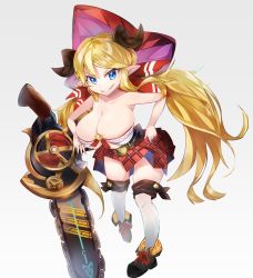 Rule 34 | 1girl, bare shoulders, blonde hair, blue eyes, breasts, cleavage, clothes lift, draph, female focus, full body, gradient background, granblue fantasy, hair ornament, hair ribbon, hallessena, highres, horaizonu, horns, huge breasts, long hair, long twintails, looking at viewer, miniskirt, pointy ears, ribbon, shirt lift, shoes, simple background, skirt, smile, smirk, solo, standing, sword, thighhighs, thighs, twintails, weapon, white thighhighs