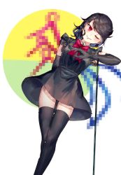 Rule 34 | 1girl, arm at side, asymmetrical wings, bad id, bad twitter id, black dress, black gloves, black hair, black thighhighs, bow, bowtie, censored, closed mouth, dress, elbow gloves, fake censor, gloves, hand up, head tilt, highres, houjuu nue, kanou (natsuno0223), mosaic censoring, polearm, red bow, red bowtie, red eyes, short dress, smile, solo, thighhighs, touhou, trident, weapon, white background, wings