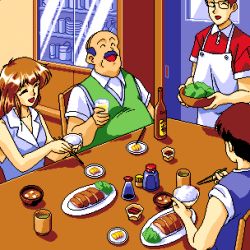 Rule 34 | 1990s (style), 2boys, 2girls, 5 jikanme no venus, ^ ^, balding, bare arms, bare shoulders, black hair, bottle, bowl, brown hair, chopsticks, closed eyes, comb over, facial hair, fairy dust, fat, fat man, food, game cg, lowres, multiple boys, multiple girls, mustache, pc98, pixel art, retro artstyle, rice, rice bowl, sitting, smile, sweater vest, table, tagme