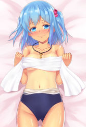 Rule 34 | 1girl, alternate costume, bad id, bad pixiv id, blue eyes, blue hair, blush, breasts, clothes pull, covering privates, hair bobbles, hair ornament, jewelry, kawashiro nitori, key, lying, matching hair/eyes, navel, necklace, no headwear, on back, one-piece swimsuit pull, revision, saemon (tonpura), school swimsuit, short hair, smile, solo, swimsuit, tan, tanline, topless, touhou, towel, twintails, two side up, underboob