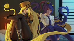 Rule 34 | 2girls, absurdly long hair, absurdres, aqua eyes, black legwear, breasts, crossover, dude underscore, feet, filia (skullgirls), fishnet pantyhose, fishnets, guilty gear, guilty gear xrd, hat, highres, large breasts, long hair, long tongue, looking at viewer, millia rage, multiple girls, naughty face, necktie, ojou-sama pose, on bed, pantyhose, parted lips, prehensile hair, red eyes, redrawn, revision, samson (skullgirls), school uniform, shoes, single shoe, sitting, skullgirls, smile, thighhighs, toes, tongue, trait connection, very long hair, zettai ryouiki