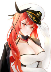 Rule 34 | 1girl, absurdres, azur lane, black jacket, breasts, cl (summer sama), cleavage, gloves, hair ornament, hair ribbon, hand on headwear, hat, highres, honolulu (azur lane), jacket, jacket on shoulders, large breasts, long hair, looking at viewer, military hat, peaked cap, red hair, ribbon, solo, white background, white gloves