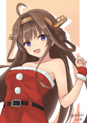 Rule 34 | 1girl, :d, ahoge, alternate costume, bare arms, bare shoulders, belt, black belt, blush, breasts, brown hair, collarbone, double bun, dress, eyes visible through hair, female focus, gensoukitan, gradient background, hair between eyes, hair bun, hair intakes, hand up, happy, headgear, kantai collection, kongou (kancolle), long hair, looking at viewer, medium breasts, neck, one-hour drawing challenge, open mouth, purple eyes, red dress, red wristband, santa costume, santa dress, smile, solo, strapless, strapless dress, upper body, wristband