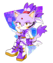Rule 34 | 1girl, animal ears, blaze the cat, blush, cat ears, cat girl, cat tail, eyeshadow, forehead jewel, furry, furry female, gloves, hand on own cheek, hand on own face, highres, jacket, kusunoki cherry, looking at viewer, makeup, ponytail, skirt, sonic (series), tail, white gloves, white jacket, white skirt, yellow eyes