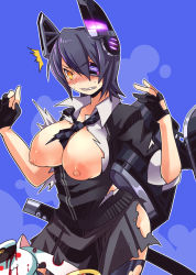 Rule 34 | 1girl, :3, black gloves, black hair, black jacket, black skirt, blood, blush, breasts, checkered clothes, checkered neckwear, collared shirt, commentary request, cowboy shot, crossover, emon-yu, eyepatch, gloves, hair between eyes, hat, headgear, jacket, kantai collection, kyubey, looking down, mahou shoujo madoka magica, mahou shoujo madoka magica (anime), medium breasts, necktie, nipples, notice lines, partially fingerless gloves, sailor hat, sharp teeth, shirt, short hair, simple background, skirt, teeth, tenryuu (kancolle), thighhighs, torn clothes, white shirt, yellow eyes