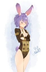 Rule 34 | 1girl, animal ear fluff, artist name, averting eyes, bernadetta von varley, blue background, blush, breasts, buttons, closed mouth, cowboy shot, double-breasted, embarrassed, female focus, fire emblem, fire emblem: three houses, hands up, holding own arm, legs together, leotard, looking to the side, matching hair/eyes, medium breasts, necktie, nose blush, playboy bunny, purple eyes, purple hair, rabbit ears, rabbit girl, rabbit tail, raised eyebrows, short hair, short necktie, short tail, shy, sidelocks, signature, simple background, sleeved leotard, solo, spindle (aidenr0), split mouth, standing, tail, thighs, two-tone leotard, yellow necktie