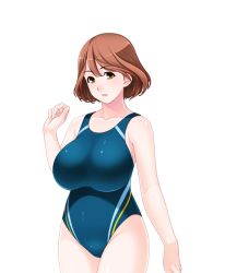 Rule 34 | 1girl, breasts, brown hair, female focus, game cg, hitozuma swimming club, huge breasts, ino (magloid), interheart, legs, looking at viewer, nunose yoshika, short hair, simple background, solo, standing, swimsuit, thighs, white background, yellow eyes