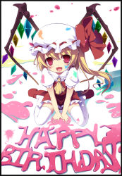 Rule 34 | 1girl, :d, ascot, blonde hair, border, bow, dress, embodiment of scarlet devil, fang, female focus, flandre scarlet, happy birthday, hat, hat bow, highres, masaki (machisora), on floor, open mouth, paint, paint can, paint splatter, paint stains, red eyes, shoes, short hair, side ponytail, sitting, smile, solo, spill, thighhighs, touhou, wariza, white background, white thighhighs, wings, zettai ryouiki