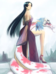 Rule 34 | 1girl, bandana, black hair, blue hair, boa hancock, branded, dress, female focus, high heels, highres, horns, long hair, looking at viewer, one piece, over shoulder, pirate, red dress, red footwear, salome (one piece), shoes, side slit, skull, snake, spotted, tattoo, very long hair
