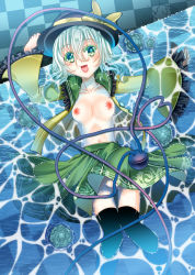 Rule 34 | 1girl, black thighhighs, bow, breasts, floating, flower, gradient background, green eyes, hat, hat bow, heart, heart of string, komeiji koishi, lotus, lying on water, navel, nipples, no bra, no panties, open clothes, open mouth, open shirt, sakayaki (burning soul), shirt, solo, thighhighs, third eye, touhou, white hair