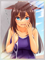 Rule 34 | 1girl, bare shoulders, blush, breasts, brown hair, domino mask, el condor pasa (umamusume), gomashio star, green eyes, hair between eyes, hand up, high ponytail, holding, holding mask, large breasts, long hair, looking at viewer, mask, unworn mask, one-piece swimsuit, open mouth, school swimsuit, solo, swimsuit, tan, tanline, translation request, twitter username, umamusume, upper body, v-shaped eyebrows