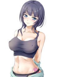 Rule 34 | 10s, 1girl, asaka karin, bad id, bad pixiv id, bare shoulders, blue eyes, blue hair, blush, breasts, commentary request, comugico, covered erect nipples, highres, large breasts, long hair, looking at viewer, love live!, love live! nijigasaki high school idol club, midriff, mole, mole on collarbone, navel, sex toy, simple background, smile, solo, sports bra, standing, tank top, undressing, vibrator, white background