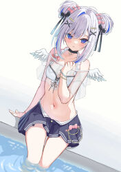 Rule 34 | 1girl, amane kanata, amane kanata (7th costume), angel wings, bare shoulders, bikini, bikini top only, black ribbon, blue eyes, blue hair, blue skirt, blush, bow, breasts, choker, commentary, double bun, grey hair, hair bow, hair bun, hair ornament, hand up, highres, hololive, lace, lace choker, looking at viewer, mini wings, multicolored hair, navel, oniku (o29sukizero), parted lips, pink bow, pleated skirt, ribbon, sitting, skirt, small breasts, soaking feet, solo, streaked hair, swimsuit, thighs, virtual youtuber, white bikini, white wings, wings, x hair ornament