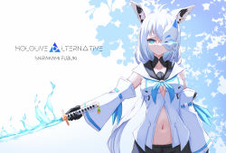 Rule 34 | 1girl, ahoge, animal ear fluff, animal ears, bare shoulders, black gloves, blue eyes, blue fire, blue ribbon, braid, breasts, character name, cleavage, closed mouth, collarbone, detached sleeves, fire, flaming eye, flaming sword, flaming weapon, fox ears, fox girl, gloves, highres, holding, holding sword, holding weapon, hololive, inre kemomimi, katana, long sleeves, looking at viewer, mask, medium breasts, navel, ribbon, ribbon-trimmed sleeves, ribbon trim, shirakami fubuki, shirakami fubuki (1st costume), side braid, solo, stomach, sword, two-tone background, upper body, virtual youtuber, weapon