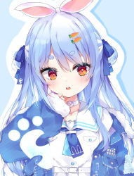 Rule 34 | 1girl, absurdres, animal ears, blue background, blue bow, blue hair, blue jacket, blush, bow, carrot hair ornament, commentary request, dress, food-themed hair ornament, fur-trimmed jacket, fur-trimmed sleeves, fur trim, hair between eyes, hair bow, hair ornament, hand up, highres, hololive, jacket, long hair, long sleeves, multicolored hair, off shoulder, open clothes, open jacket, open mouth, outline, rabbit-shaped pupils, rabbit ears, red eyes, shigureszku, short eyebrows, sleeves past wrists, solo, symbol-shaped pupils, teeth, thick eyebrows, two-tone hair, two side up, upper body, upper teeth only, usada pekora, usada pekora (casual), very long hair, virtual youtuber, white dress, white hair, white outline