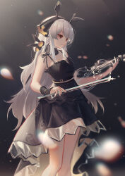 Rule 34 | 1girl, absurdres, alternate costume, arknights, bare arms, bare legs, beancake, black background, black dress, black ribbon, blurry, blurry foreground, bow (music), breasts, commentary, cowboy shot, dress, english commentary, gradient background, hair ribbon, highres, holding, holding instrument, holding violin, instrument, long hair, looking to the side, medium breasts, red eyes, ribbon, sidelocks, simple background, smile, solo, spaghetti strap, violin, weedy (arknights), white hair