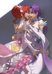 Rule 34 | 2girls, alternate costume, anna (fire emblem), bare back, dress, elbow gloves, eye contact, face-to-face, fingering, fingering through clothes, fire emblem, fire emblem: the binding blade, flower, gloves, hair flower, hair ornament, highres, juno (fire emblem), long hair, looking at another, multiple girls, nintendo, official alternate costume, oral, purple eyes, purple hair, pussy juice stain, red eyes, red hair, saliva, saliva trail, skirt, through clothes, wedding dress, white dress, yuri, zero a
