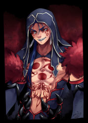 Rule 34 | 1boy, armor, bare pectorals, blue hair, bodysuit, cu chulainn (fate), cu chulainn (fate) (all), cu chulainn (fate/stay night), cu chulainn alter (fate), cu chulainn alter (fate/grand order), earrings, facial mark, fate (series), hood, hood up, jewelry, lancer, long hair, looking to the side, male focus, nishiyama (whatsoy), pectorals, red eyes, sharp teeth, solo, tattoo, teeth