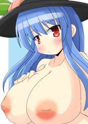 Rule 34 | 1girl, blue hair, breasts, female focus, hat, hinanawi tenshi, huge breasts, inverted nipples, long hair, naruse mai, nipples, nude, puffy nipples, red eyes, smile, solo, touhou, upper body