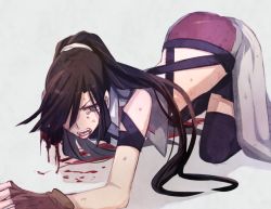Rule 34 | 10s, 1girl, all fours, amputee, aoki shizumi, black hair, blood, cross ange, fingerless gloves, gloves, injury, jill (cross ange), long hair, ponytail, solo, tears, thighhighs