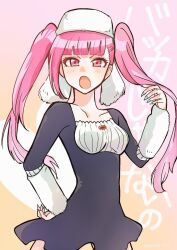 Rule 34 | 1girl, arm warmers, black dress, bleach, blunt bangs, commentary request, cowboy shot, dokugamine riruka, dress, hand on own hip, hat, long hair, long sleeves, nail polish, open mouth, pink eyes, pink hair, twintails, twitter username, white hat, yanono 015