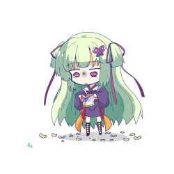 Rule 34 | 1girl, black kimono, blunt bangs, blunt ends, brown footwear, butterfly hair ornament, chibi, chips (food), commentary request, criss-cross halter, cross-laced footwear, empty eyes, failure, food, green hair, hair ornament, hair ribbon, hakutocake, halterneck, highres, hime cut, japanese clothes, kimono, long hair, long sleeves, looking down, murasame (senren), open mouth, pom pom (clothes), potato chips, purple ribbon, red eyes, ribbon, senren banka, shaded face, sidelocks, simple background, solo, two side up, very long hair, white background, wide sleeves