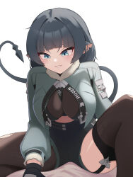 1girl absurdres animal_ear_piercing animal_ears between_breasts black_hair black_shirt black_shorts blue_eyes blunt_bangs breasts brown_pantyhose brown_shirt brown_thighhighs clothes_writing commentary crop_top fur-trimmed_jacket fur_trim garter_straps green_jacket high-waist_shorts highres jacket jane_doe_(zenless_zone_zero) large_breasts long_hair looking_down midriff mouse_ears mouse_girl mouse_tail open_clothes open_jacket pantyhose parted_lips puleudingding sharp_tail shirt shorts single_garter_strap single_leg_pantyhose single_thighhigh sitting smirk solo spread_legs tail thighhighs thighs torn_clothes torn_pantyhose torn_thighhighs undershirt white_background zenless_zone_zero