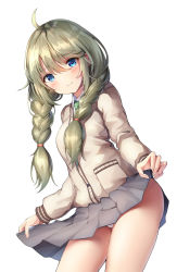 Rule 34 | 1girl, absurdres, blonde hair, blue eyes, blush, clothes lift, embarrassed, green hair, highres, long hair, long sleeves, panties, princess connect!, school uniform, simple background, skirt, skirt lift, sob (submar1089), solo, standing, thighs, twintails, underwear, yuni (princess connect!), yuni (real) (princess connect!)