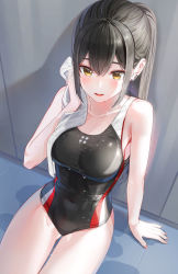 Rule 34 | 1girl, bare shoulders, black hair, black one-piece swimsuit, blush, breasts, collarbone, competition swimsuit, covered navel, highres, kfr, large breasts, long hair, looking at viewer, one-piece swimsuit, open mouth, original, sitting, smile, solo, swimsuit, thighs, towel, wet, yellow eyes