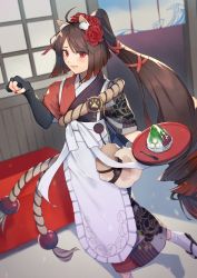 Rule 34 | 1girl, animal ears, apron, black gloves, bowl, brown hair, dog ears, elbow gloves, fate/grand order, fate (series), gloves, gradient hair, highres, holding, holding tray, japanese clothes, kyokutei bakin (fate), kyokutei bakin (first ascension) (fate), long hair, multicolored hair, nail polish, nakaga eri, partially fingerless gloves, ponytail, red eyes, red hair, red nails, sandals, single elbow glove, solo, tabi, tray, very long hair, waist apron, white apron, white legwear, zouri