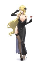 Rule 34 | 1girl, alternate eye color, athenawyrm, bare legs, black dress, black garter belt, black gloves, blonde hair, breasts, choker, creatures (company), cup, cynthia (pokemon), dress, drinking glass, elbow gloves, evening gown, full body, game freak, garter belt, gloves, gold necklace, grin, hair ornament, high heels, highres, holding, holding cup, jewelry, large breasts, long hair, looking at viewer, necklace, nintendo, parted lips, plunging neckline, pokemon, pokemon dppt, side slit, smile, solo, thighhighs, very long hair, wine glass, yellow eyes