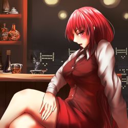 Rule 34 | 1girl, alcohol, ashtray, blush, breasts, building, cigarette, hand on own leg, large breasts, legs, crossed legs, long hair, looking at viewer, okazaki yumemi, red eyes, red hair, shirt, sitting, skirt, teruteru12, touhou, touhou (pc-98), vest, window