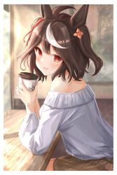 Rule 34 | 1girl, absurdres, ahoge, animal ears, bare shoulders, blush, border, brown hair, brown skirt, cup, from side, grey sweater, hair ornament, highres, holding, holding cup, horse ears, horse girl, indoors, kitasan black (umamusume), light particles, long sleeves, looking at viewer, looking to the side, medium hair, multicolored hair, off-shoulder sweater, off shoulder, plaid, plaid skirt, red eyes, sitting, skirt, sky cappuccino, smile, solo, streaked hair, sweater, umamusume, white hair
