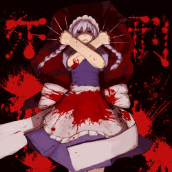 Rule 34 | 1girl, apron, bad id, bad pixiv id, between fingers, black background, black sclera, blood, blood on clothes, blood splatter, blue dress, braid, colored sclera, cowboy shot, dress, expressionless, from below, grey hair, highres, holding, holding knife, izayoi sakuya, knife, knives between fingers, looking at viewer, looking down, maid, maid apron, maid headdress, perspective, red pupils, shaded face, shadow, short dress, short sleeves, solo, touhou, twin braids, u2key