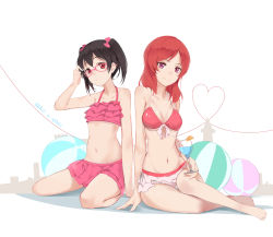 Rule 34 | 10s, 2girls, arm support, bad id, bad pixiv id, ball, barefoot, beachball, bespectacled, bikini, bikini skirt, black hair, breasts, character name, cleavage, cocktail, collarbone, drink, frilled bikini, frills, front-tie top, glasses, heart, heart of string, highres, huanxiang heitu, looking at viewer, love live!, love live! school idol project, md5 mismatch, multiple girls, navel, nishikino maki, pink-framed eyewear, pink bikini, purple eyes, red bikini, red eyes, red hair, sitting, smile, strap gap, swimsuit, thigh gap, twintails, yazawa nico
