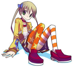 Rule 34 | 00s, 1girl, alternate costume, asymmetrical legwear, blonde hair, blue bow, bow, brown skirt, choker, clothes writing, full body, green eyes, hair bow, jacket, long hair, long sleeves, looking at viewer, maka albarn, mismatched legwear, multicolored clothes, multicolored legwear, non-web source, open clothes, open jacket, orange thighhighs, pleated skirt, red footwear, shirt, shoes, sitting, skirt, smile, solo, soul eater, star (symbol), star print, striped clothes, striped thighhighs, suzuon, t-shirt, thighhighs, twintails, upskirt