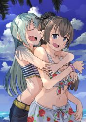 Rule 34 | 10s, 2girls, aqua hair, beach, belt, blue eyes, breasts, brown hair, casual, cleavage, closed eyes, cloud, cloudy sky, crop top, day, denim, denim shorts, earrings, fang, floral print, from side, front-tie top, hug, hug from behind, jewelry, kantai collection, kumano (kancolle), long hair, looking at another, medium breasts, midriff, multiple girls, navel, ocean, outdoors, ponytail, shirt, short sleeves, shorts, sky, sleeveless, striped clothes, striped shirt, suzuya (kancolle), swimsuit, wataro (watawatawatapon)