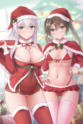Rule 34 | 2girls, alternate costume, bikini, breasts, cameltoe, capelet, christmas, christmas present, christmas tree, dark green hair, detached sleeves, dress, front-tie bikini top, front-tie top, fur-trimmed bikini top, fur-trimmed capelet, fur-trimmed dress, fur-trimmed headwear, fur-trimmed sleeves, fur-trimmed thighhighs, fur trim, gift, green eyes, hat, highres, kantai collection, large breasts, long hair, looking at viewer, medium breasts, microskirt, multiple girls, navel, panties, pink panties, pink thighhighs, pleated skirt, red bikini, red capelet, red dress, red headwear, red skirt, red sleeves, red thighhighs, santa dress, santa hat, short dress, shoukaku (kancolle), skirt, smile, standing, swimsuit, thighhighs, twintails, underwear, white hair, zuikaku (kancolle), zuikillme